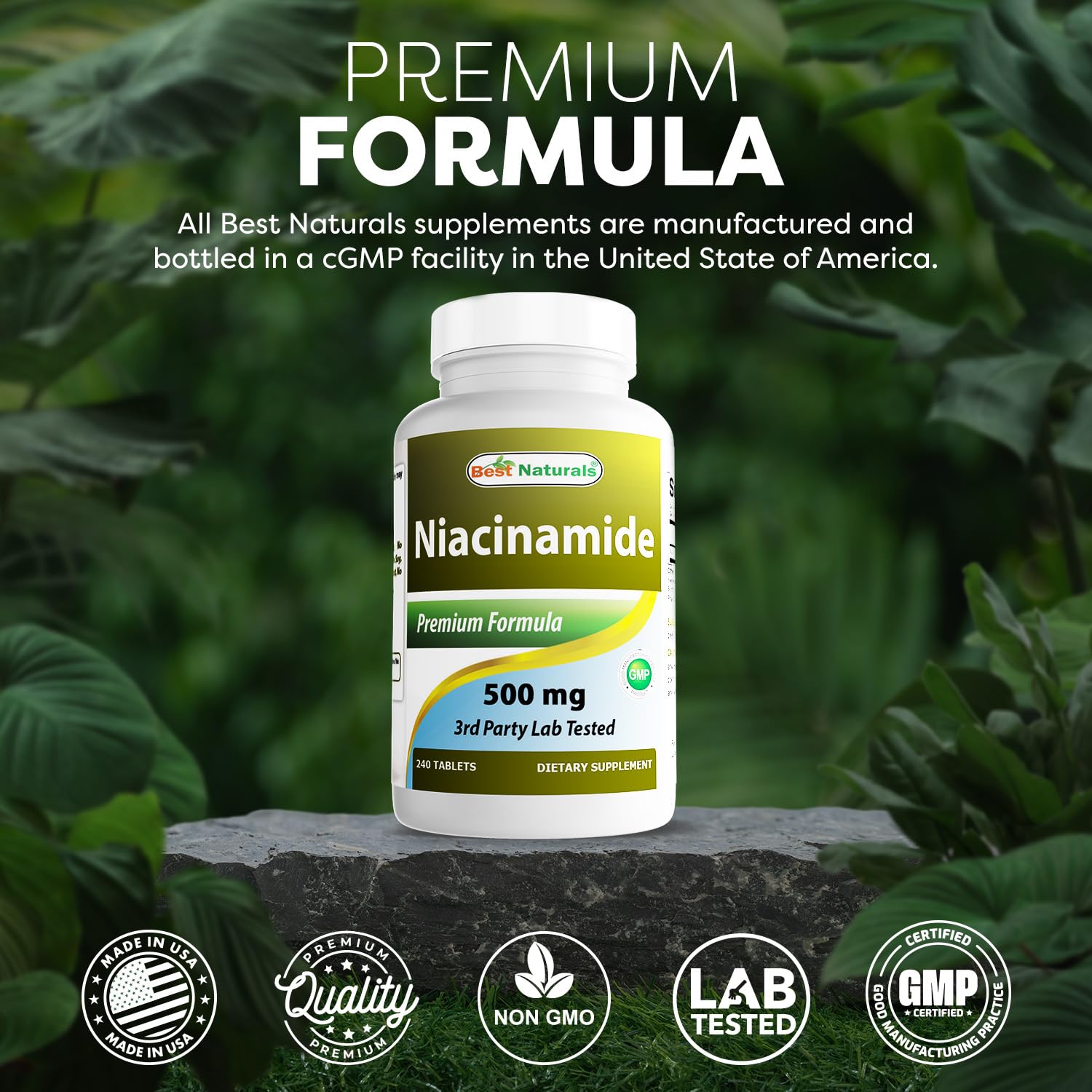 Best Naturals Niacinamide bottle highlights FDA-registered, GMP-compliant manufacturing badge.