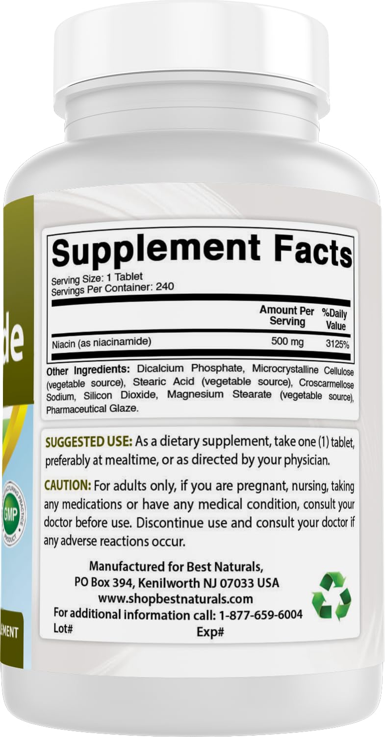Best Naturals Niacinamide packaging icons indicate gluten-free and sugar-free formulation.