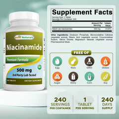 Close-up of Niacinamide tablets highlighting non-flush formula for comfortable daily use.
