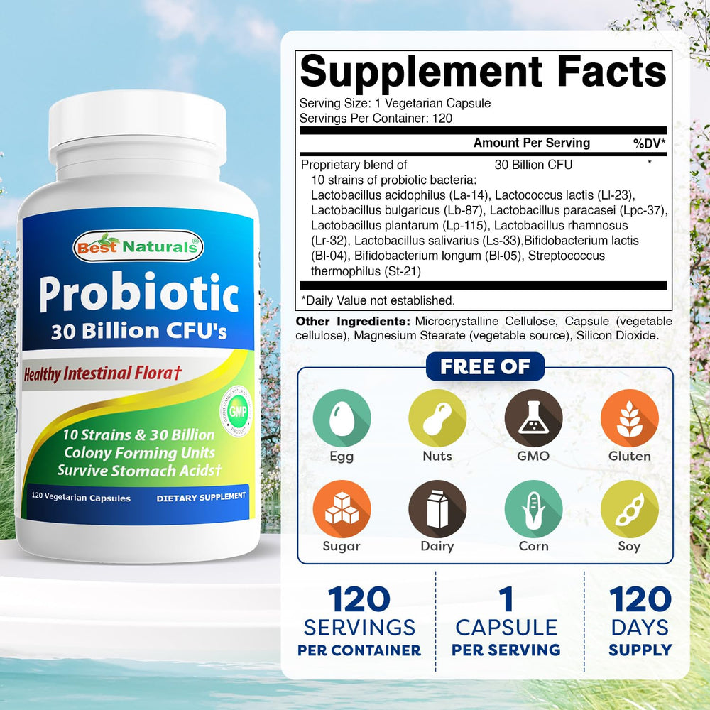 Best Naturals Probiotic capsules close-up—10 strains for diverse intestinal flora.