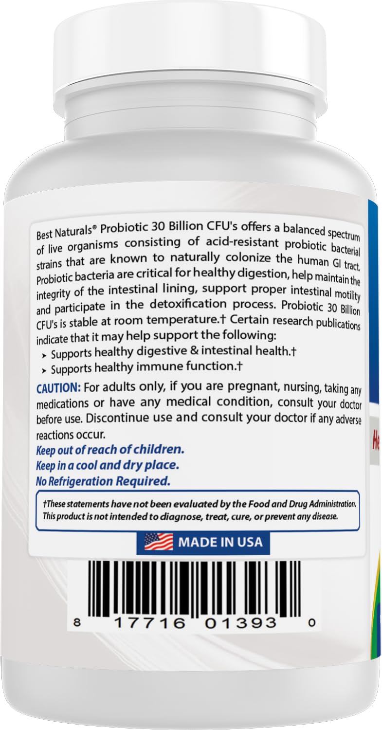 Best Naturals Probiotic bottle with seal—sodium-free formula for sensitive diets.