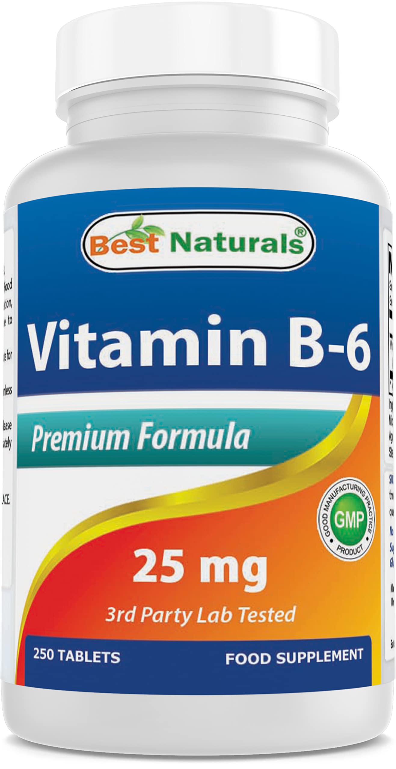 Best Naturals Vitamin B-6 bottle shown, supports nervous system function.