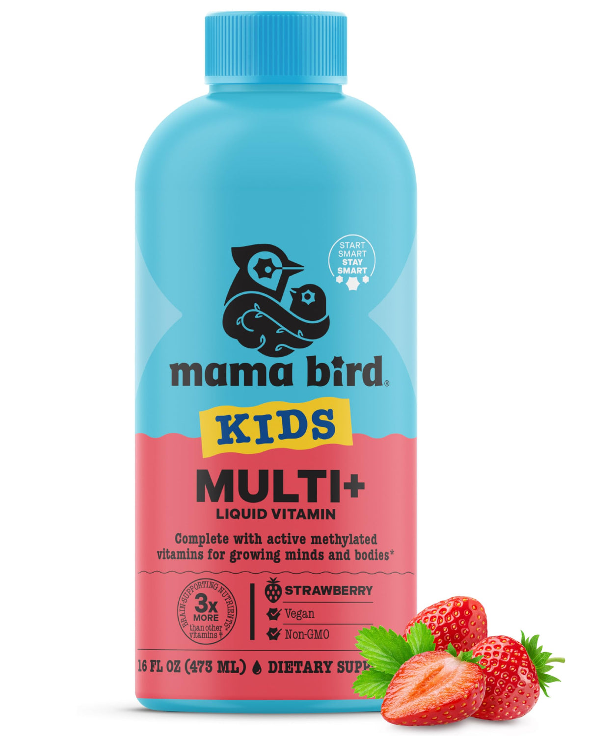 Best Nest Wellness Mama Bird bottle pour shows a kid-friendly liquid vitamin for daily nutrition.