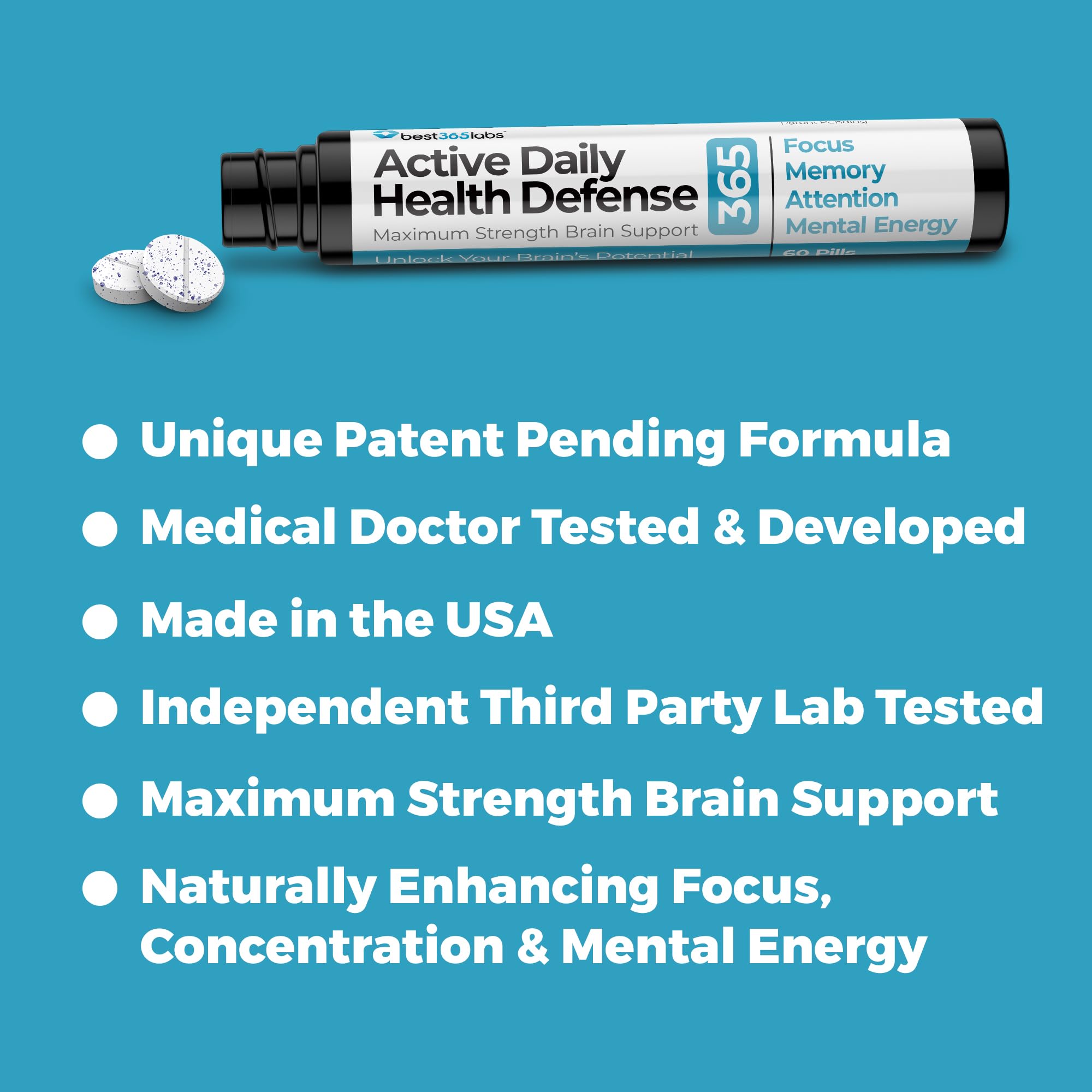 Best 365 Labs Brain Support daily routine shot with bottle and tablet