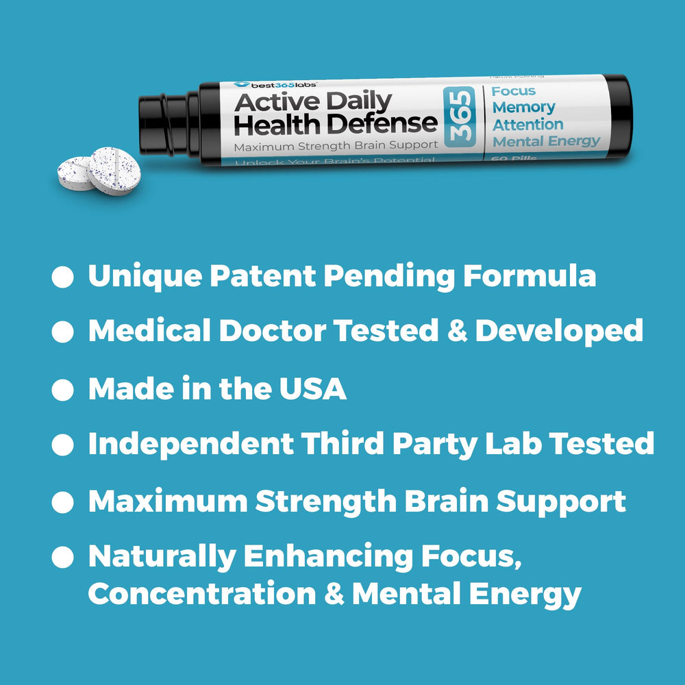 Best 365 Labs Brain Support daily routine shot with bottle and tablet