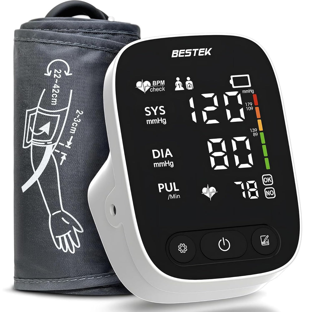 BESTEK Blood Pressure Monitor front view shows a compact, easy home health companion for daily checks.