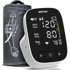BESTEK Blood Pressure Monitor front view shows a compact, easy home health companion for daily checks.
