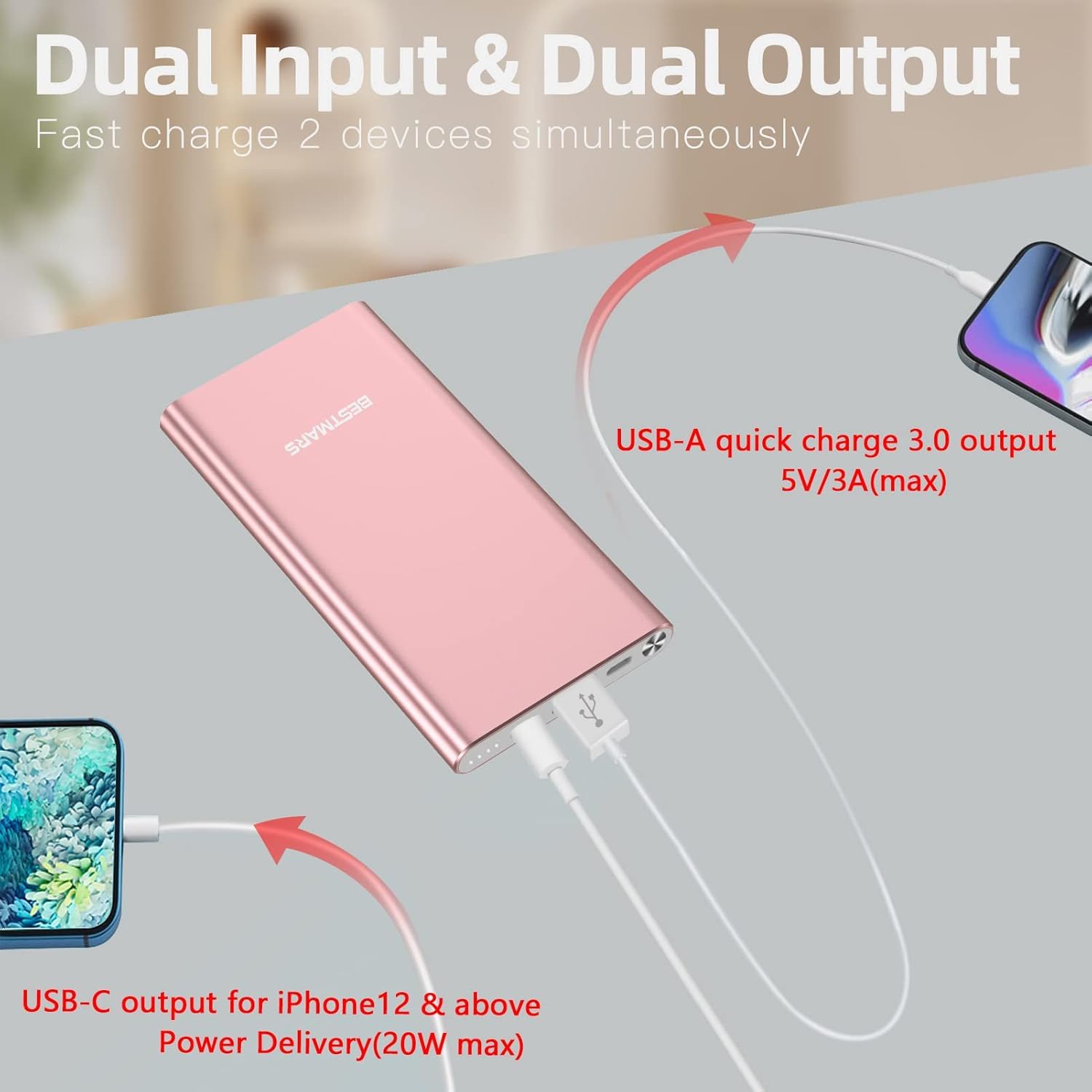 BESTMARS pink power bank demonstrates dual input and output for two devices