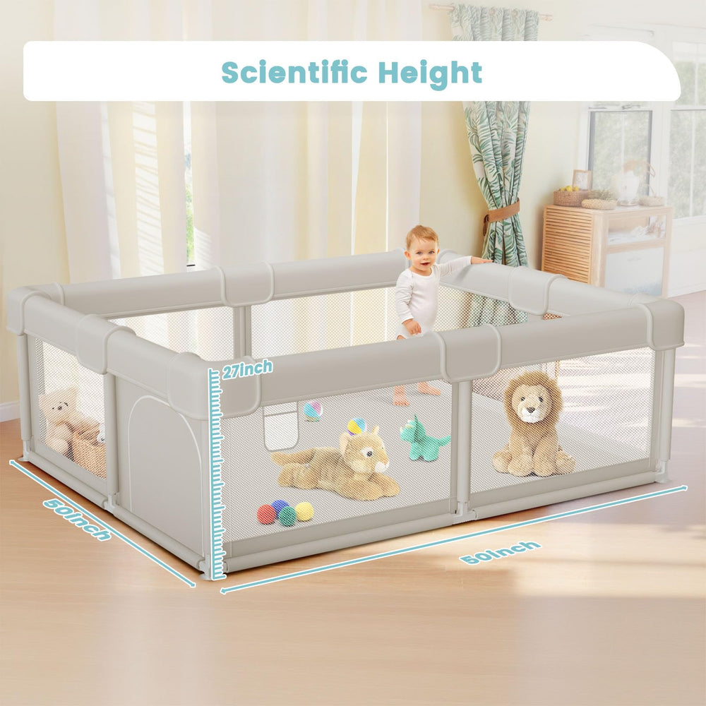 Besuhot 27-inch high fence provides secure play space indoors and outdoors.