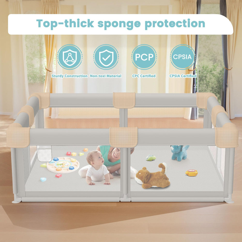 Besuhot storage pocket outside the playpen keeps diapers handy.