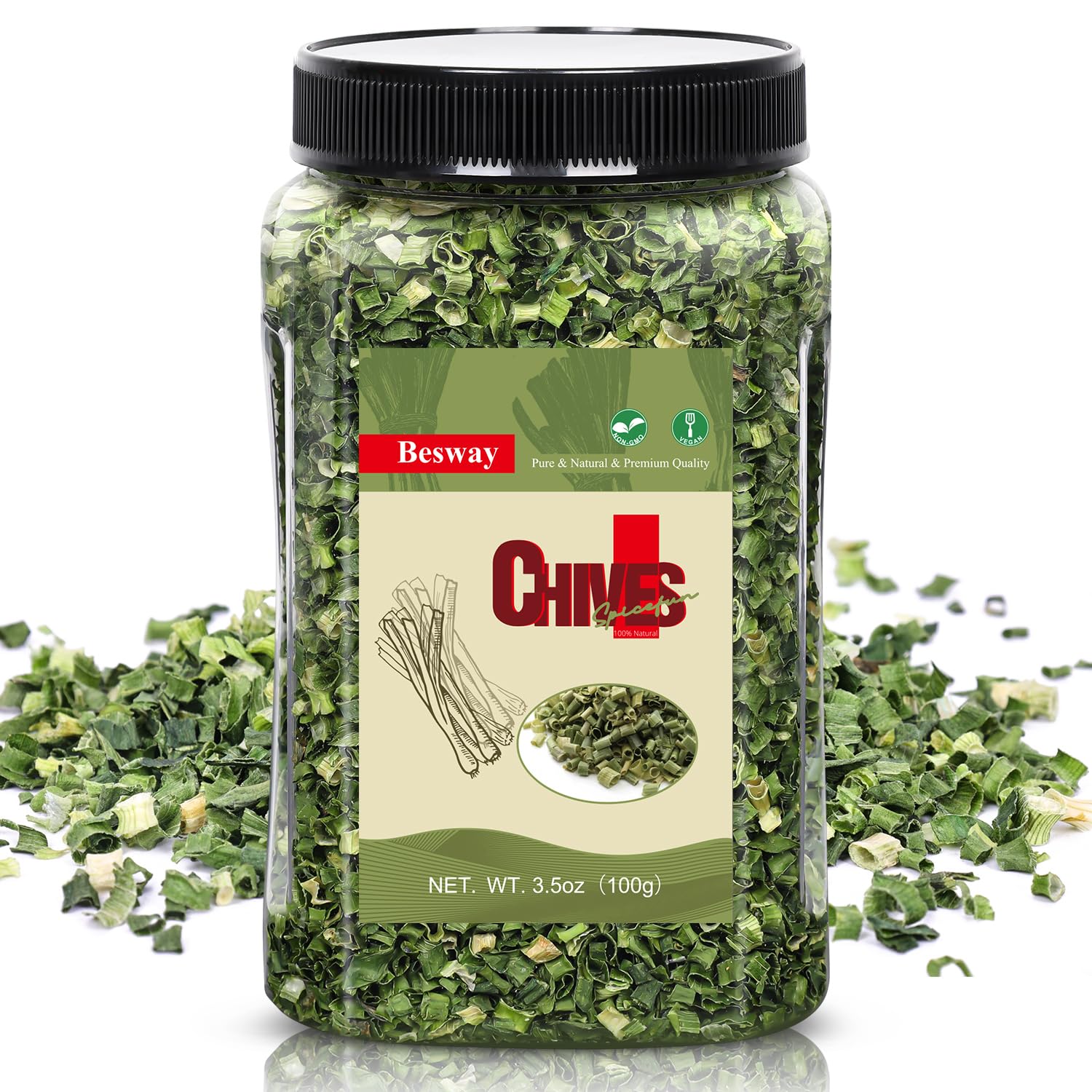 Besway Chives 3.5 oz pack shot, premium dried chives for everyday cooking
