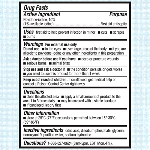Betadine bottle cap and label shown, highlighting no-sting formula.