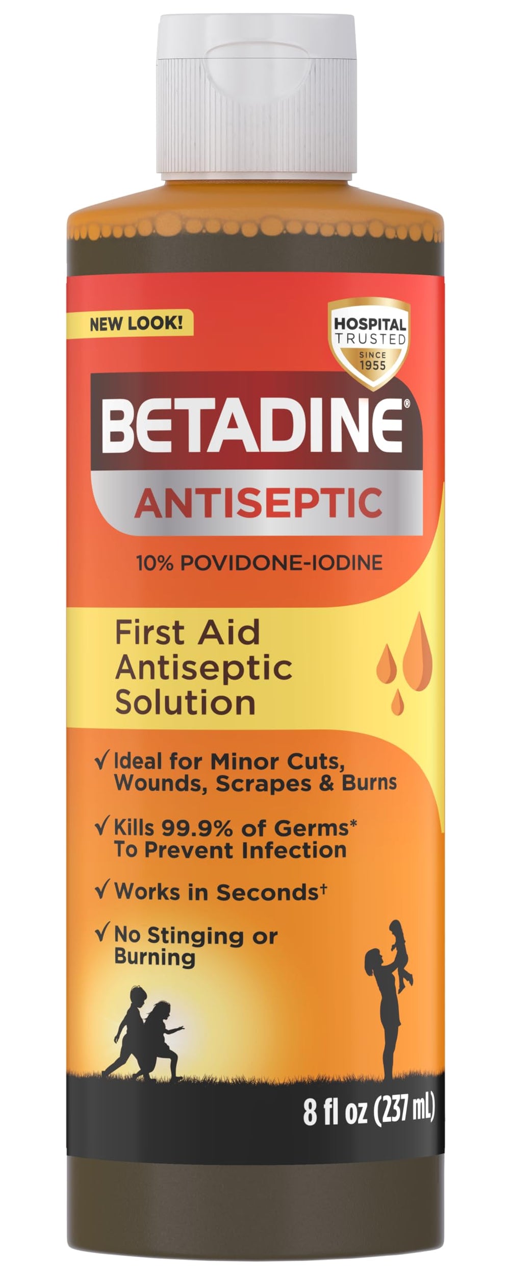 Betadine antiseptic solution bottle pour for convenient wound protection.