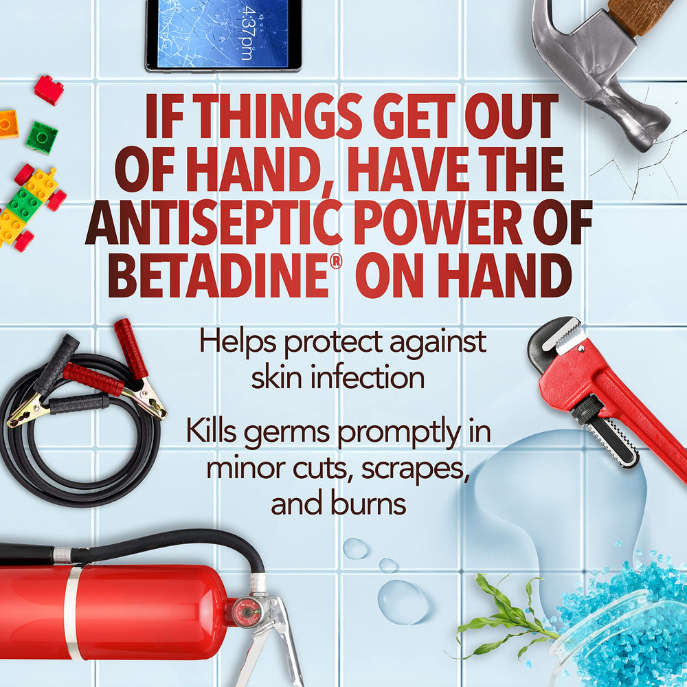 Betadine antiseptic wound application on skin for germ protection.