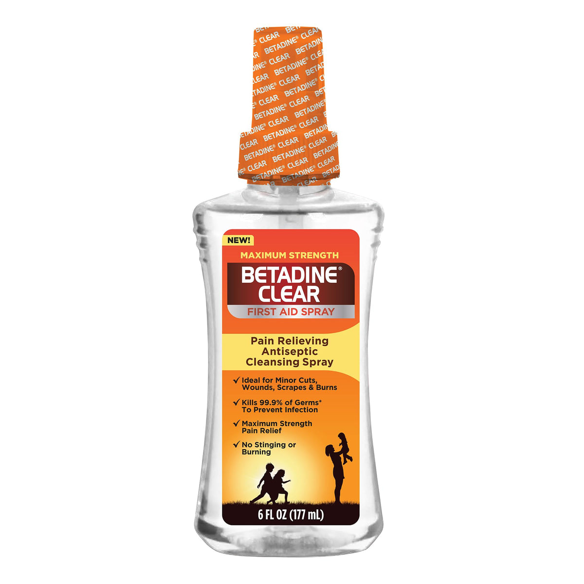 Betadine Clear First Aid Spray bottle closeup showing antiseptic protection for minor wounds.