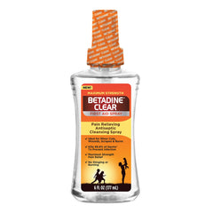 Betadine Clear First Aid Spray bottle closeup showing antiseptic protection for minor wounds.
