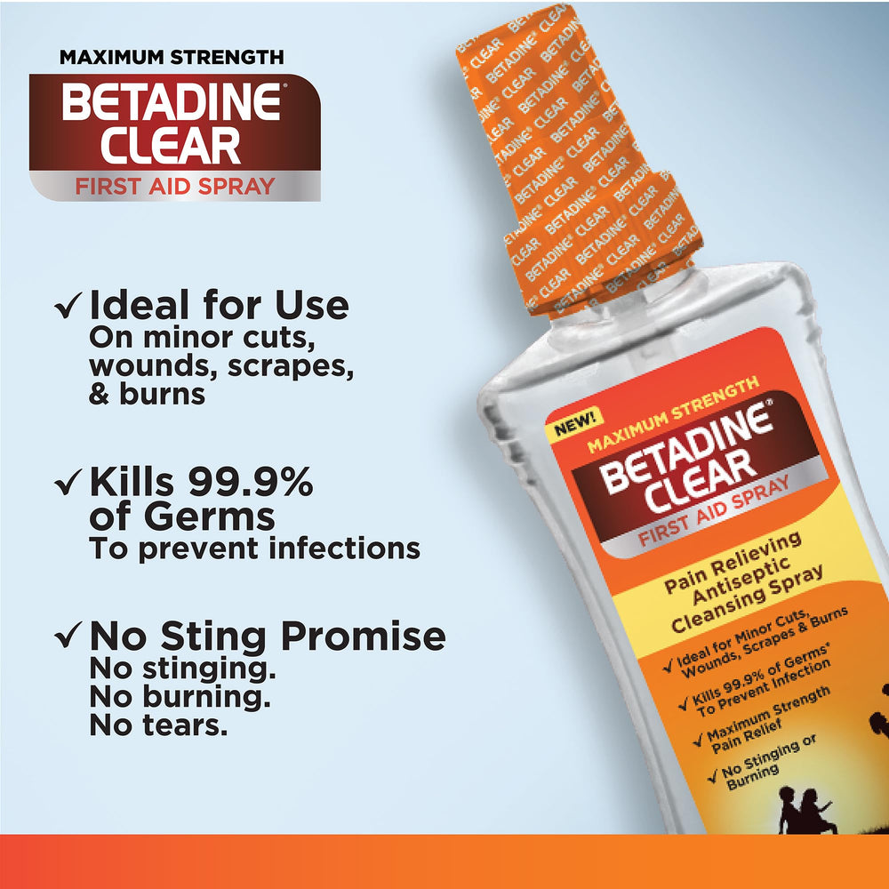 Betadine Clear First Aid Spray trusted by professionals for at-home wound care.