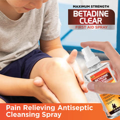 Betadine Clear First Aid Spray graphic highlighting 99% germ kill for faster infection prevention.