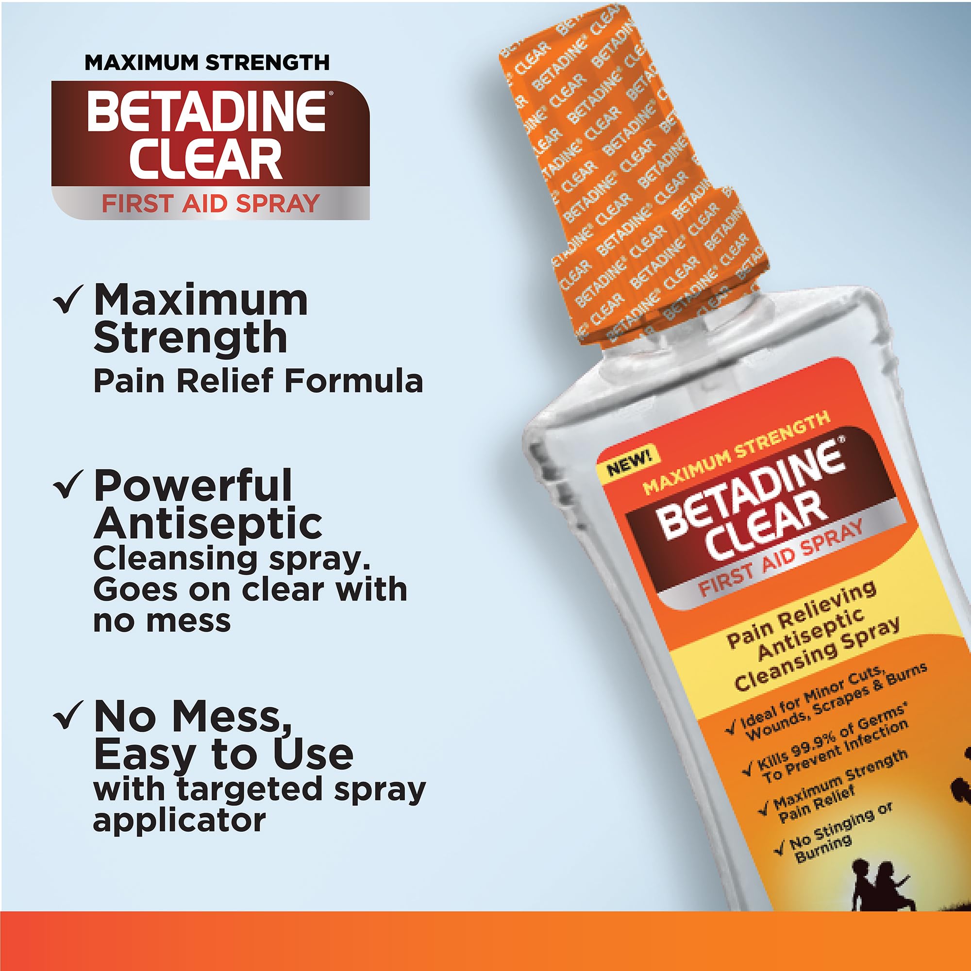 Betadine Clear First Aid Spray no-sting promise label emphasizes gentle use on skin.