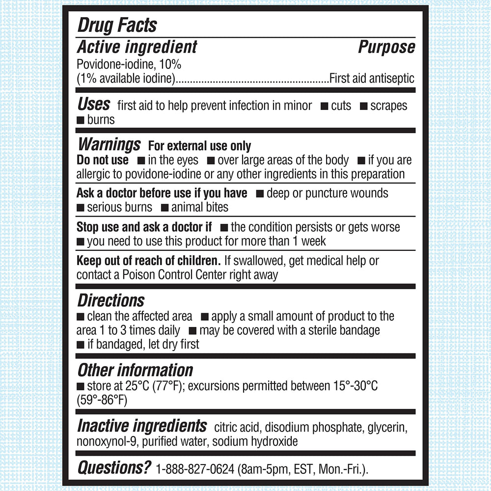 Betadine no-sting-promise symbol highlights gentle, alcohol-free formula.