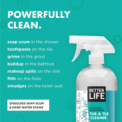 Better Life Tea Tree foam on tile and glass, lifts soap scum.