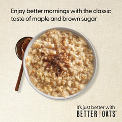 Better Oats maple brown sugar oatmeal visual 90 seconds demonstrates quick breakfast prep.