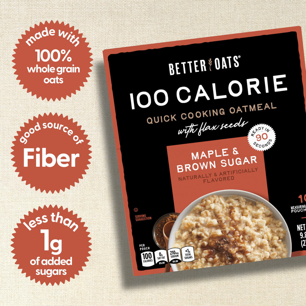 Better Oats maple brown sugar oatmeal packets closeup, indicating controlled portions for busy mornings.