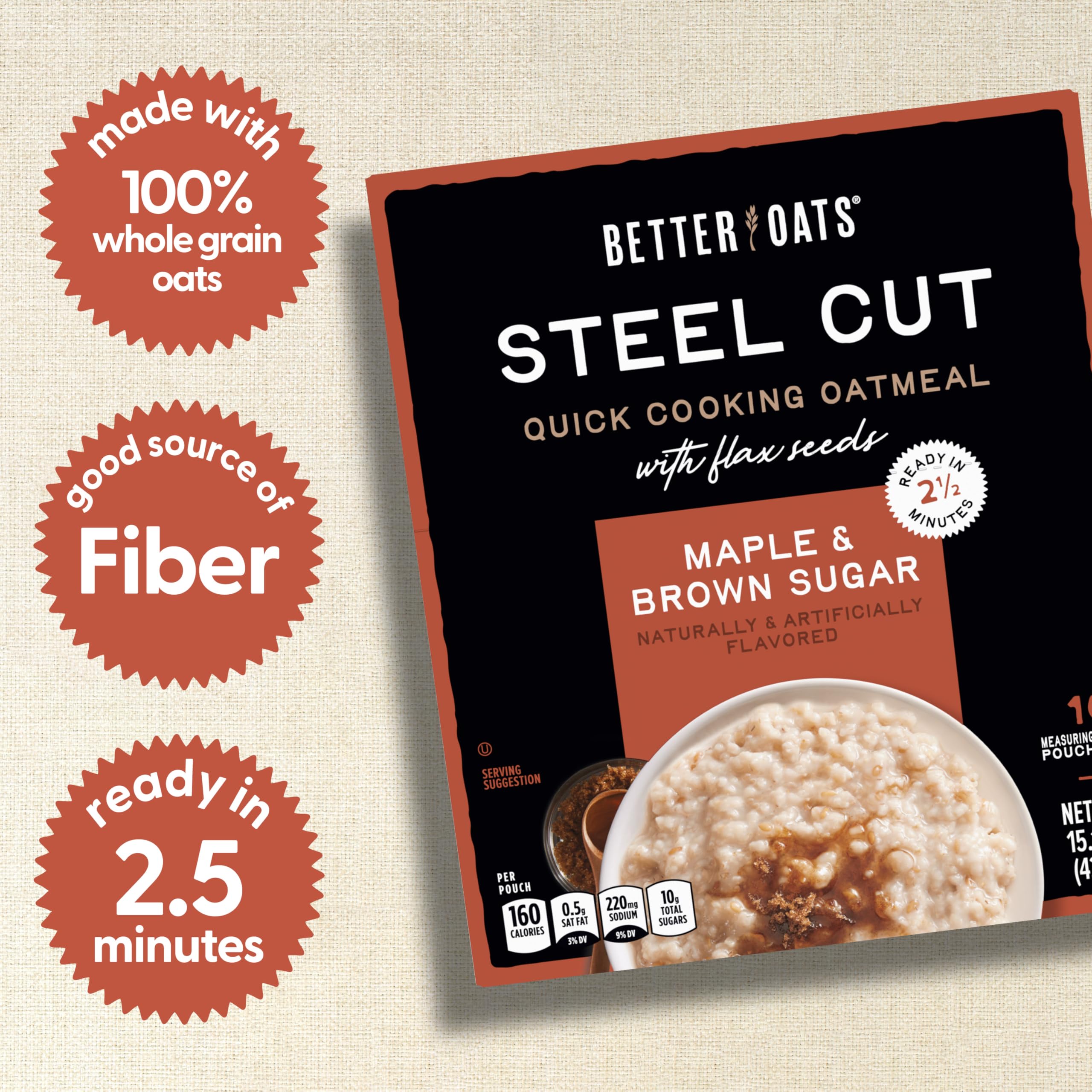 Better Oats steel-cut oats with flax seeds close-up, wholesome texture.