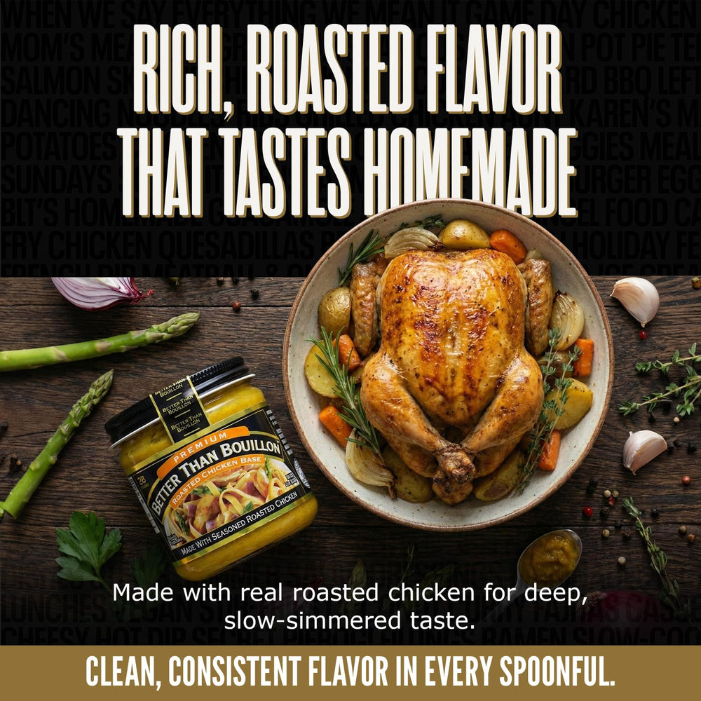Better Than Bouillon Roasted Chicken Base kitchen scene suggests versatile flavor boost.