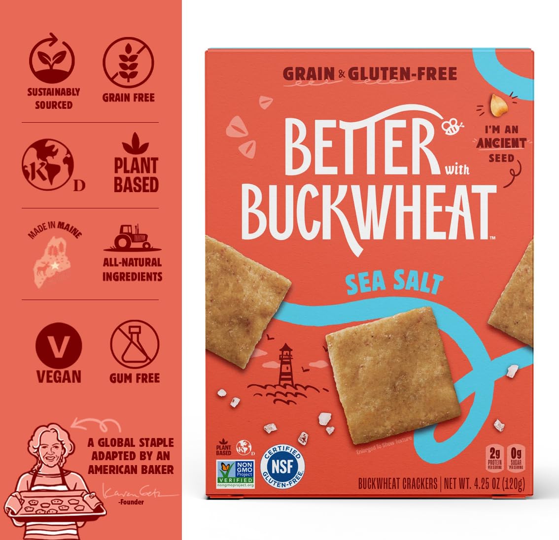 Crispy texture of Better With Buckwheat crackers with visible sea salt.