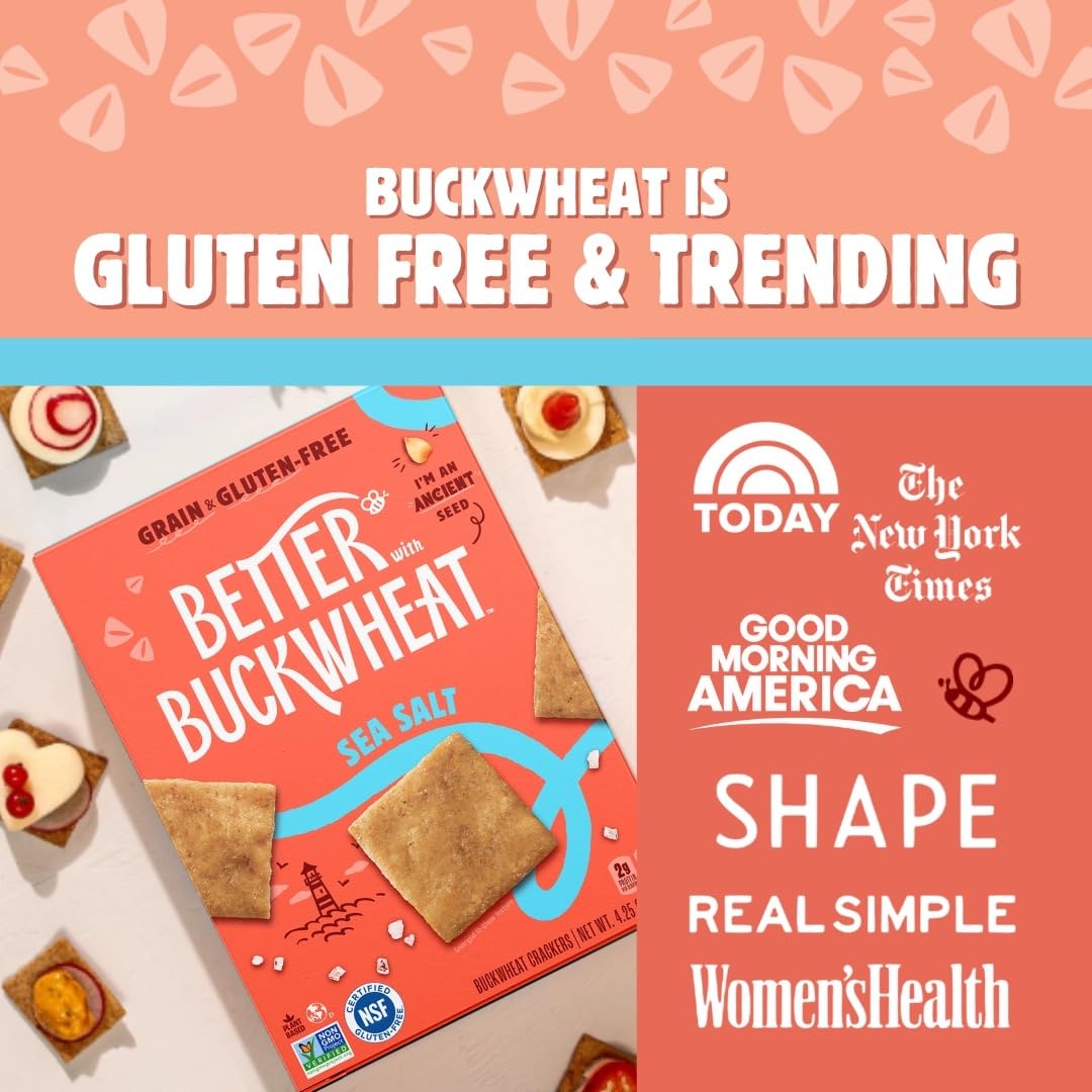 Bright packaging of Better With Buckwheat sea salt crackers for easy pantry access.