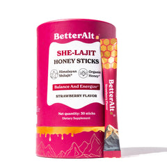BetterAlt SHE-Lajit Strawberry Honeysticks packaging for travel-friendly daily wellness.