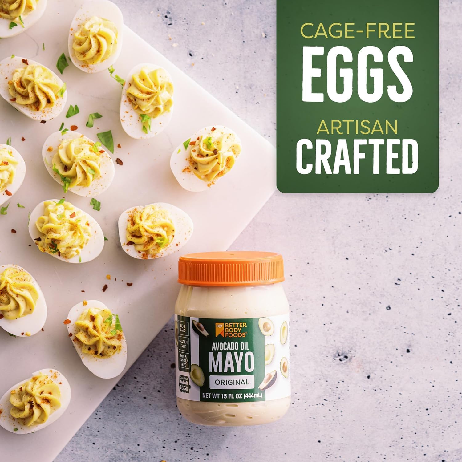 BetterBody Foods Avocado Oil Mayo serving suggestion, showcasing smooth texture.