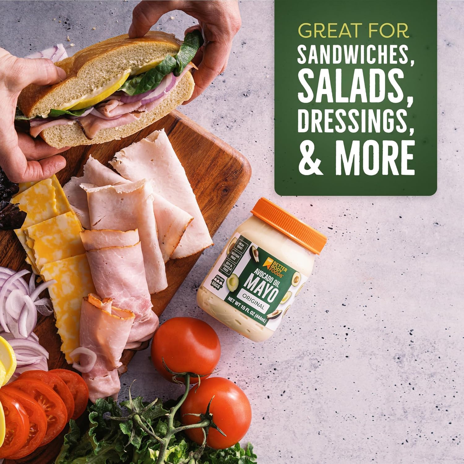 BetterBody Foods Avocado Mayo on a sandwich, illustrating dip and spread potential.