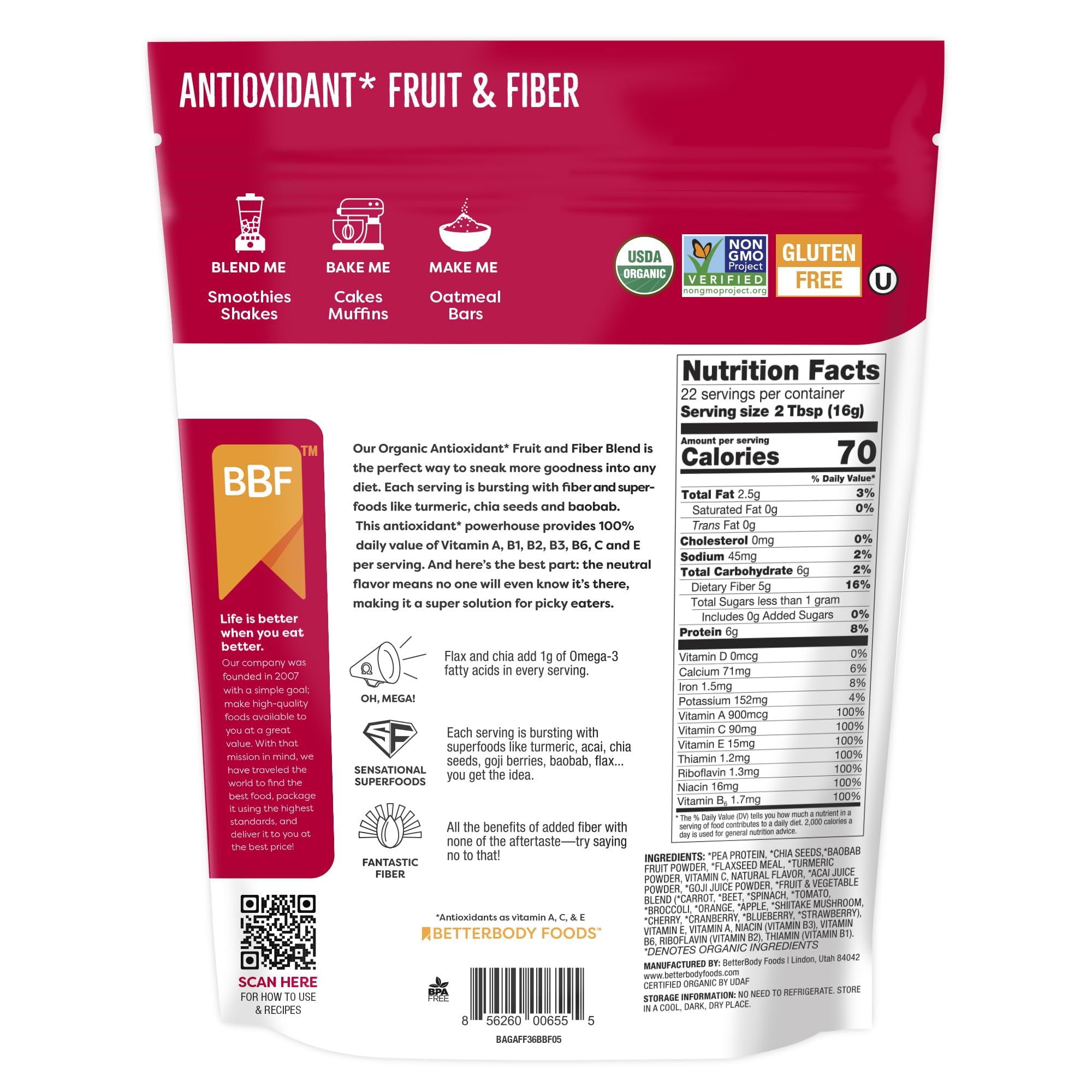 BetterBody Foods Antioxidant Blend added to a bright smoothie with fruit tones.