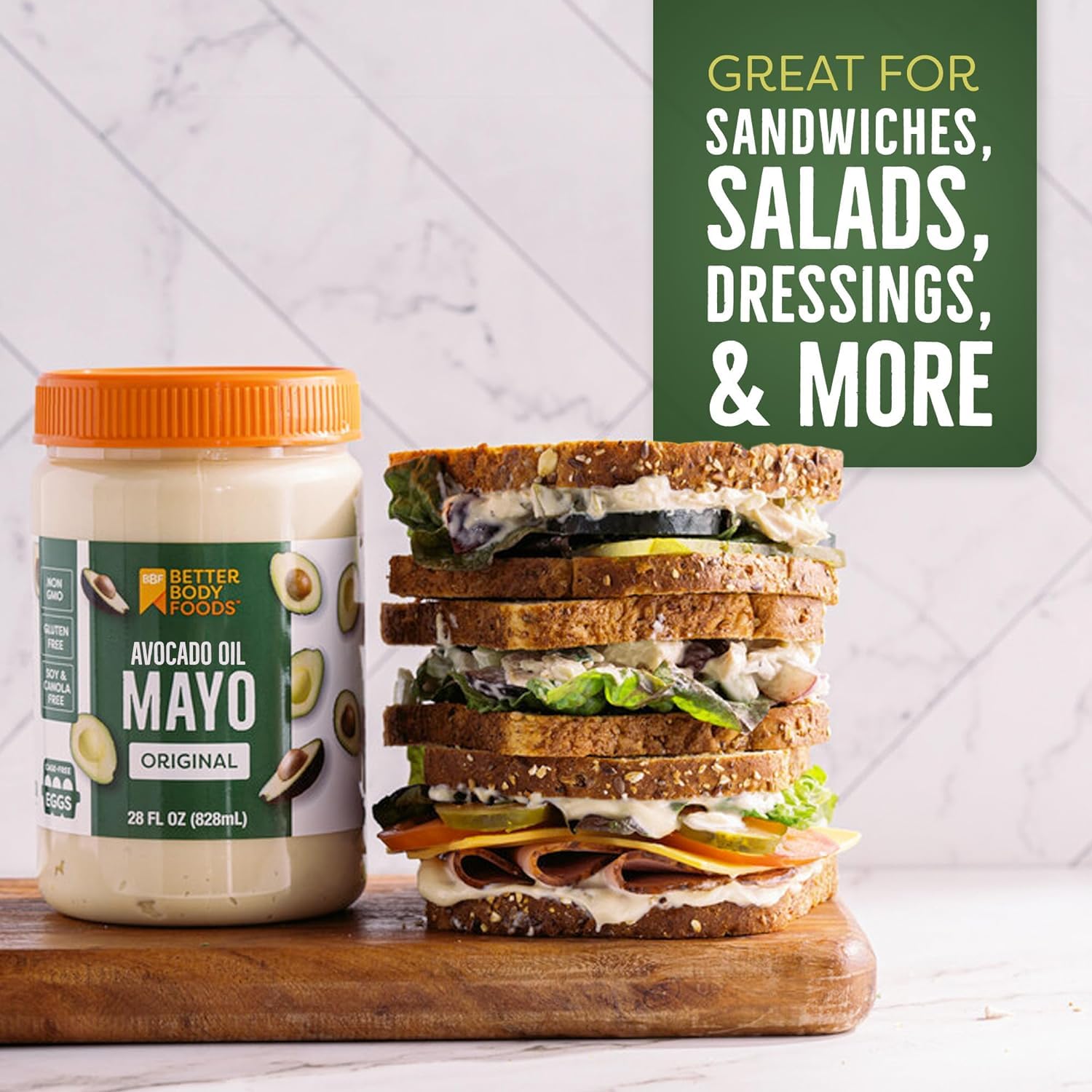 BetterBody Foods Avocado Oil Mayonnaise spread on sandwich for everyday meals.