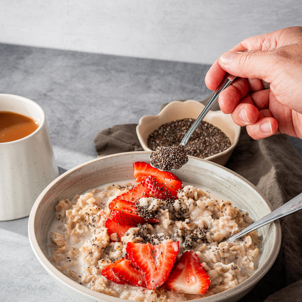 BetterBody Foods chia seeds in a blended smoothie, boosts fiber and omega-3.