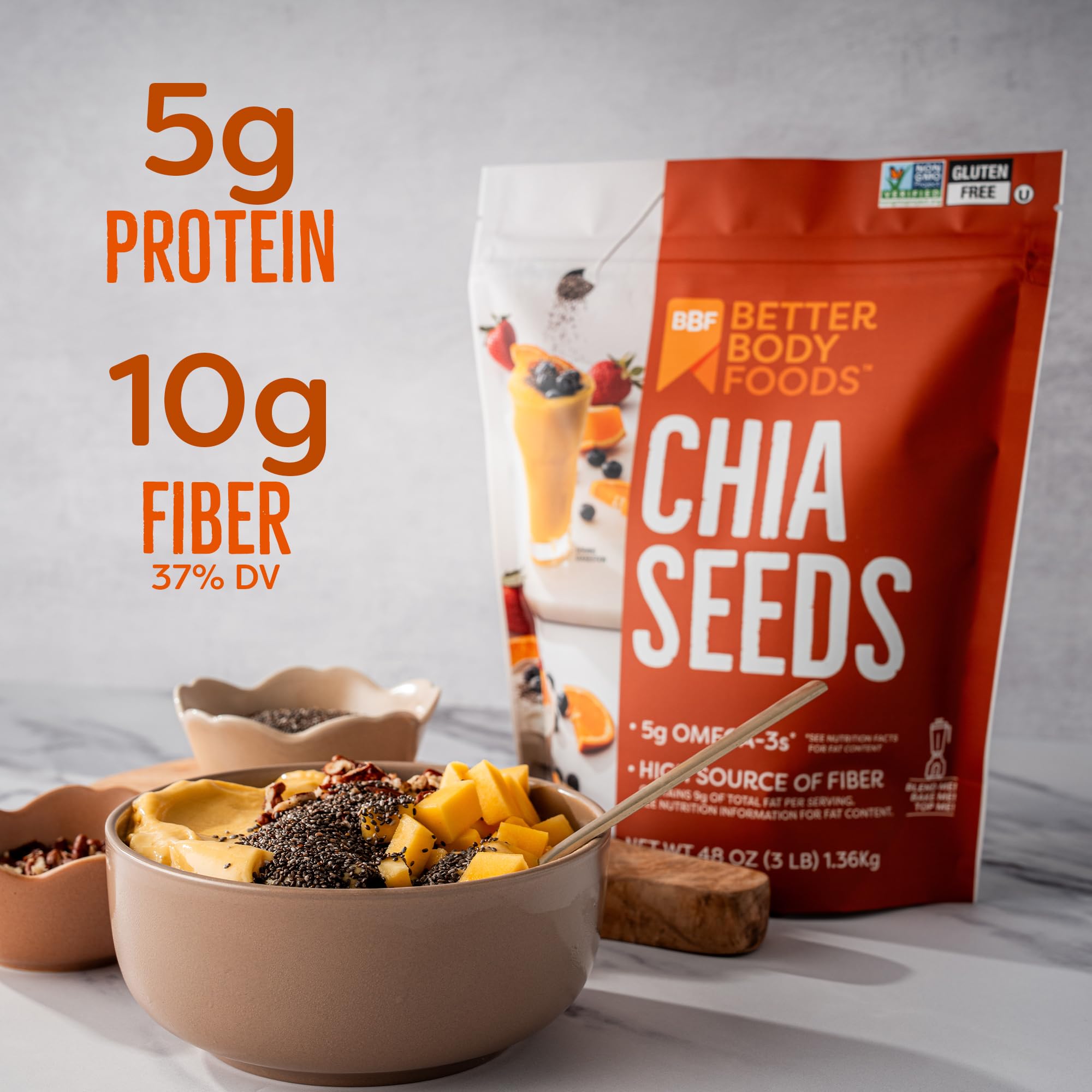 BetterBody Foods chia seeds sprinkled over oatmeal.