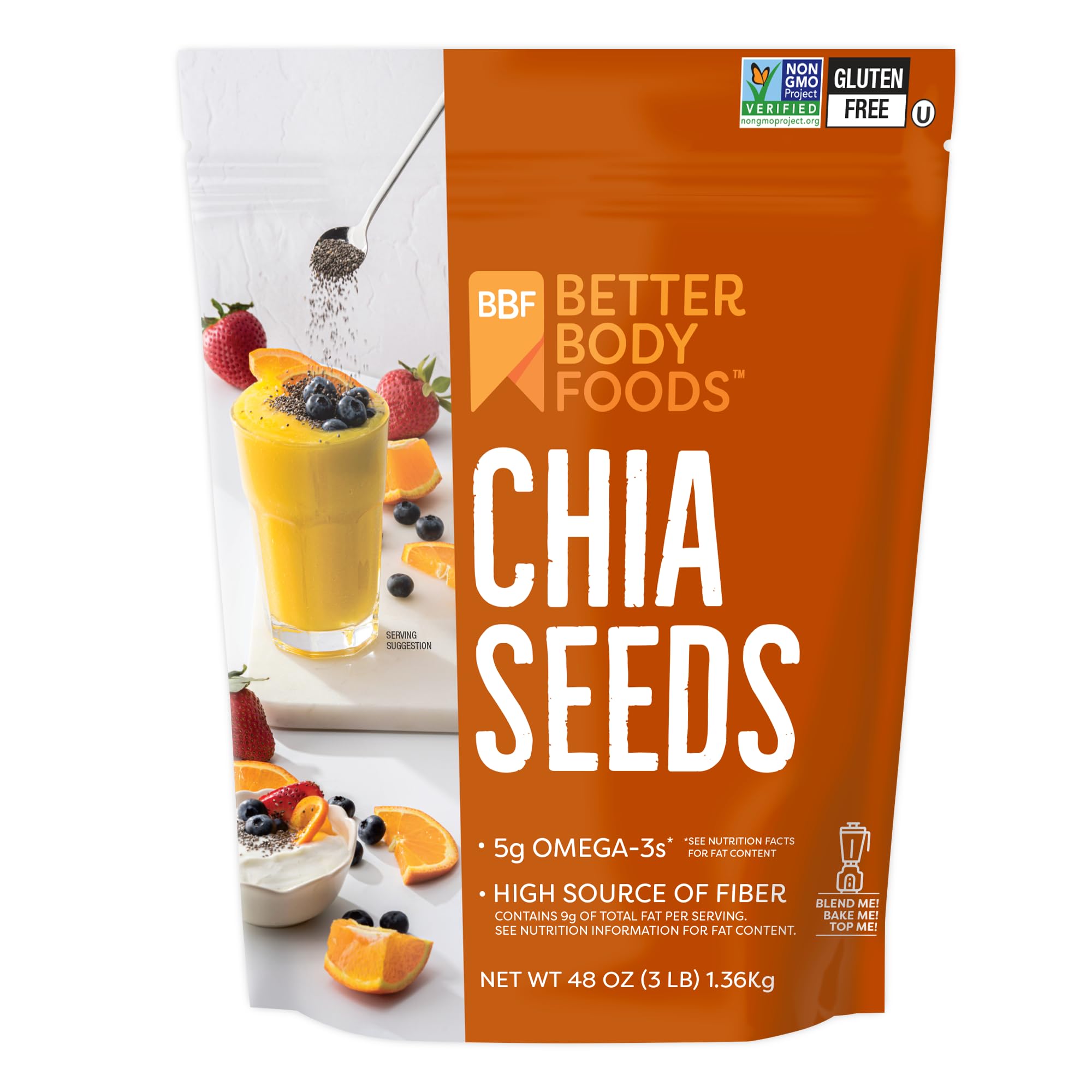 BetterBody Foods chia seeds packaging showing gluten-free nutrition for versatile toppings.