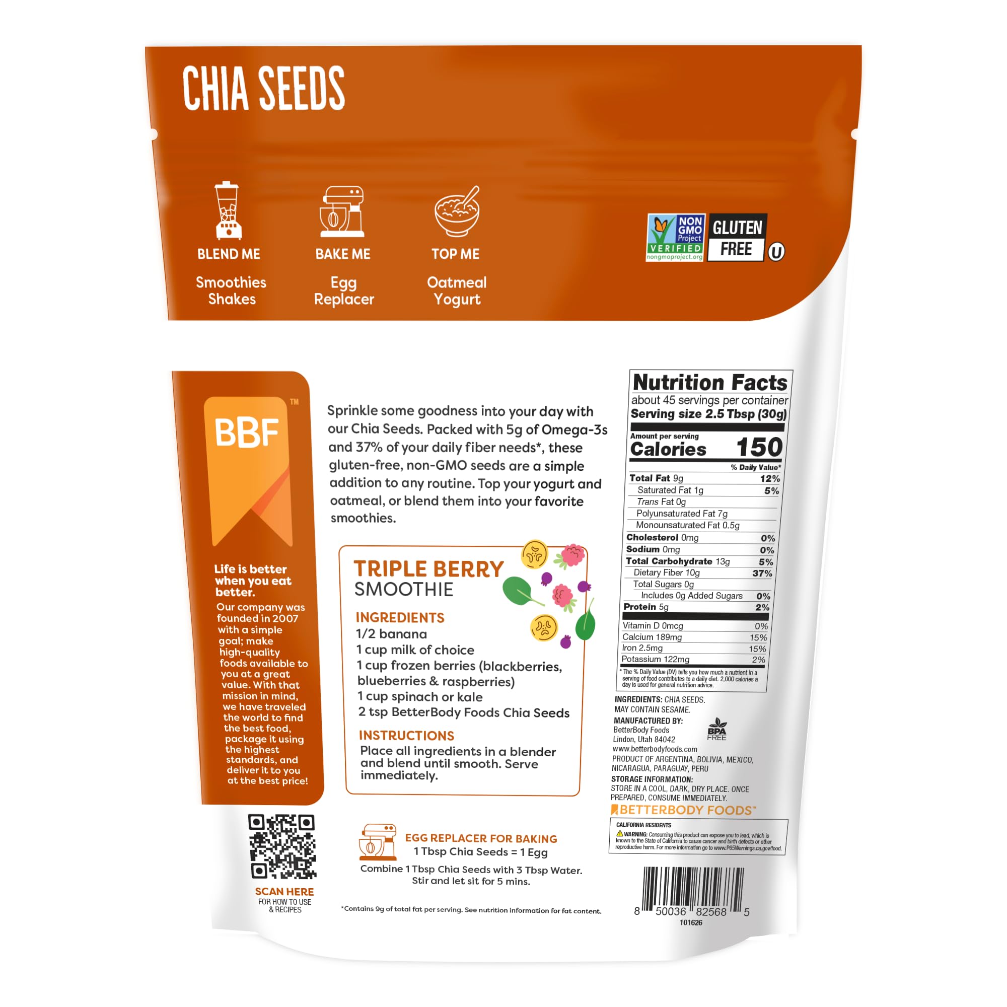 BetterBody Foods chia seeds with measuring spoon, perfect for egg-free baking.