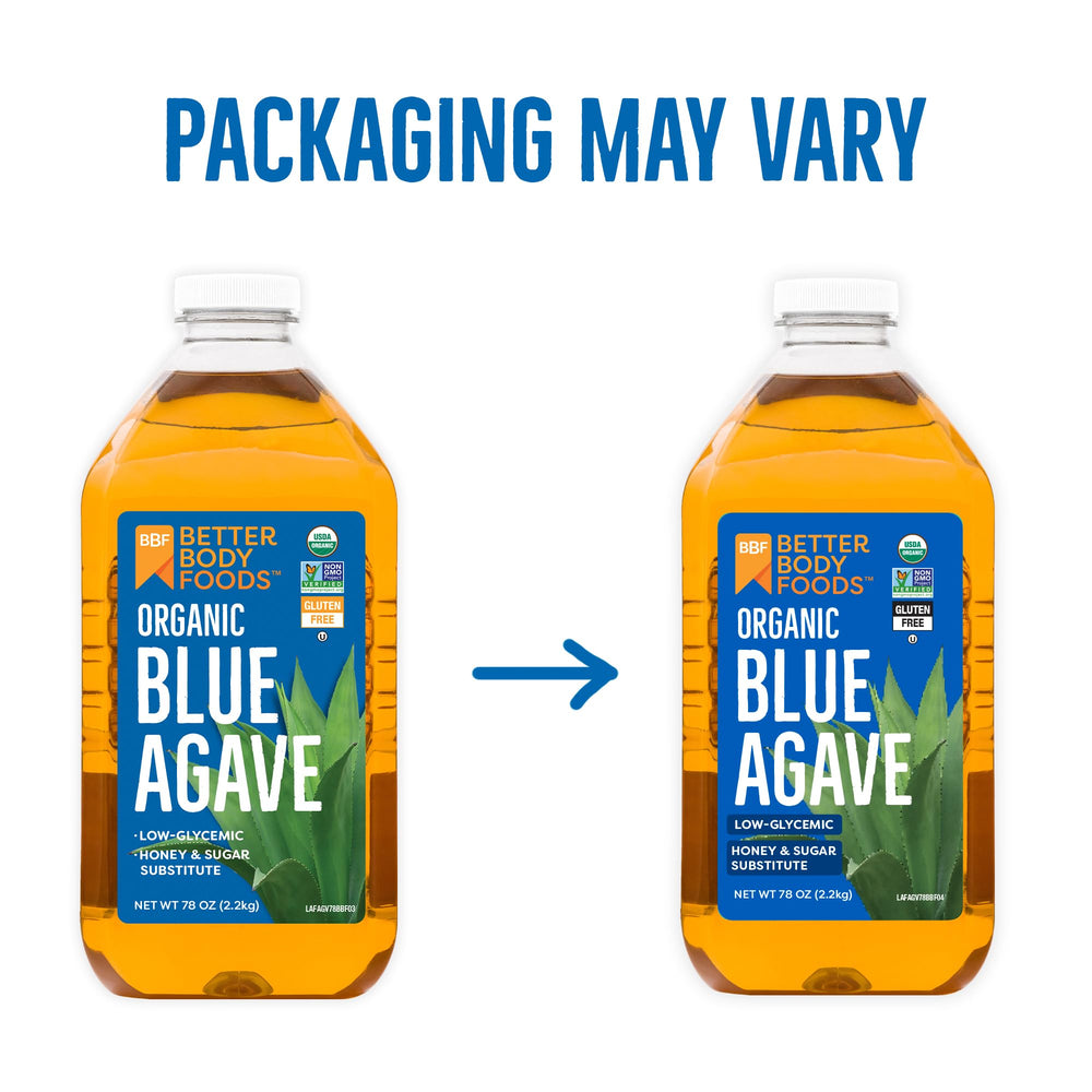 BetterBody Foods Organic Blue Agave Nectar label highlights organic, vegan, and gluten-free claims