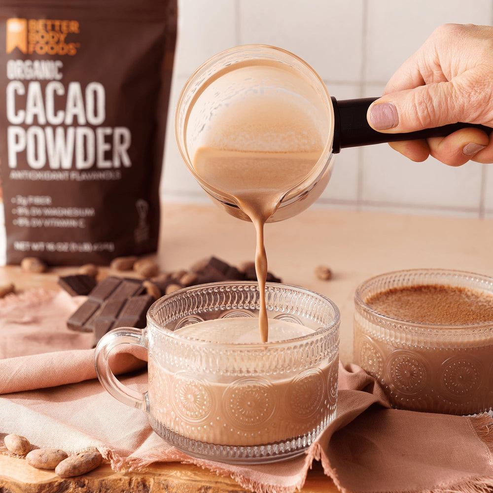 Cacao powder being added to baking batter for rich chocolate flavor