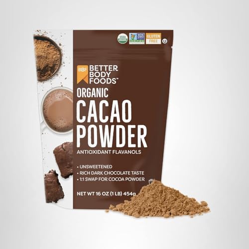 Label shows USDA Organic and Non-GMO certifications for BetterBody Foods Cacao Powder