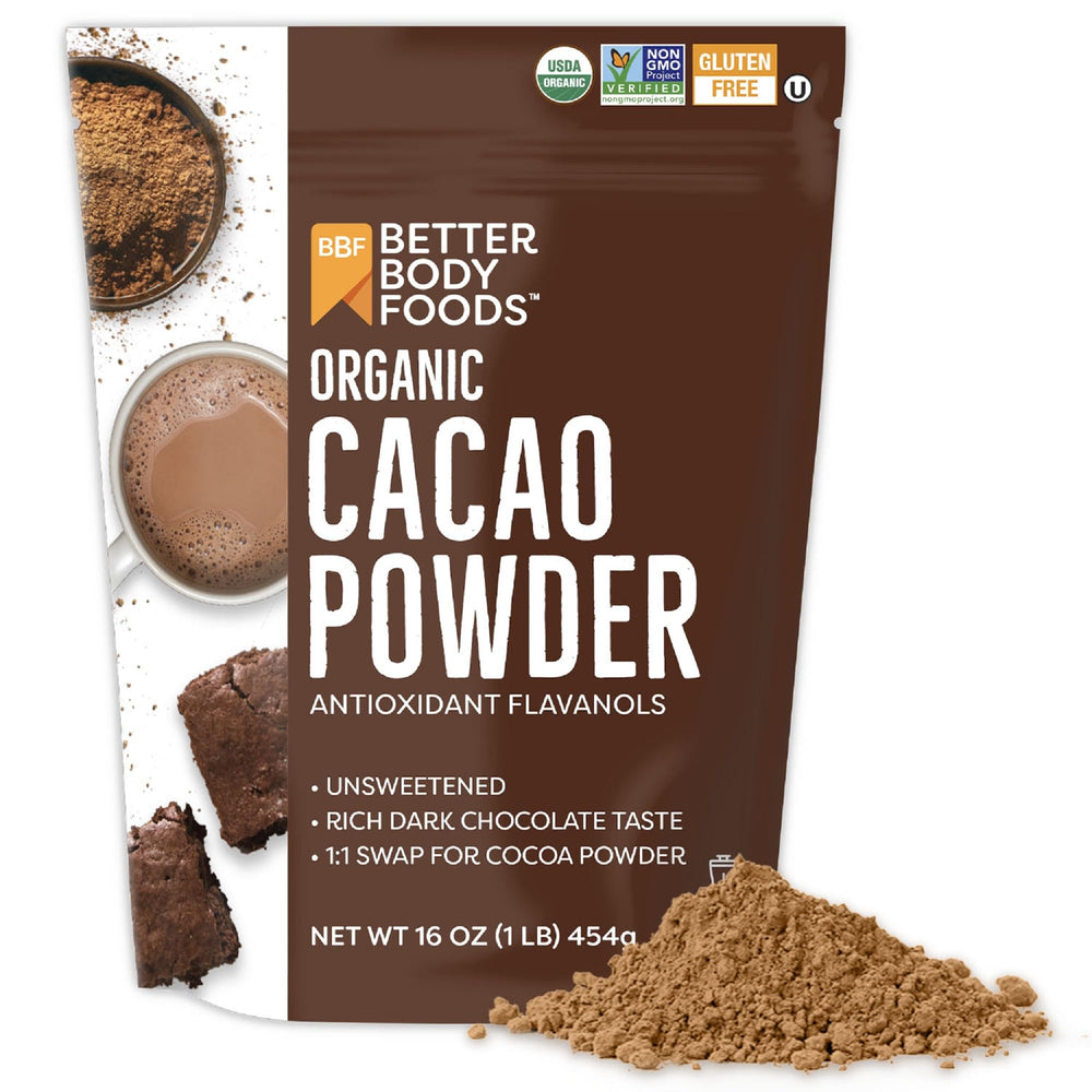 BetterBody Foods Organic Cacao Powder packaging front, ideal for everyday baking and shakes