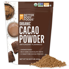 BetterBody Foods Organic Cacao Powder packaging front, ideal for everyday baking and shakes
