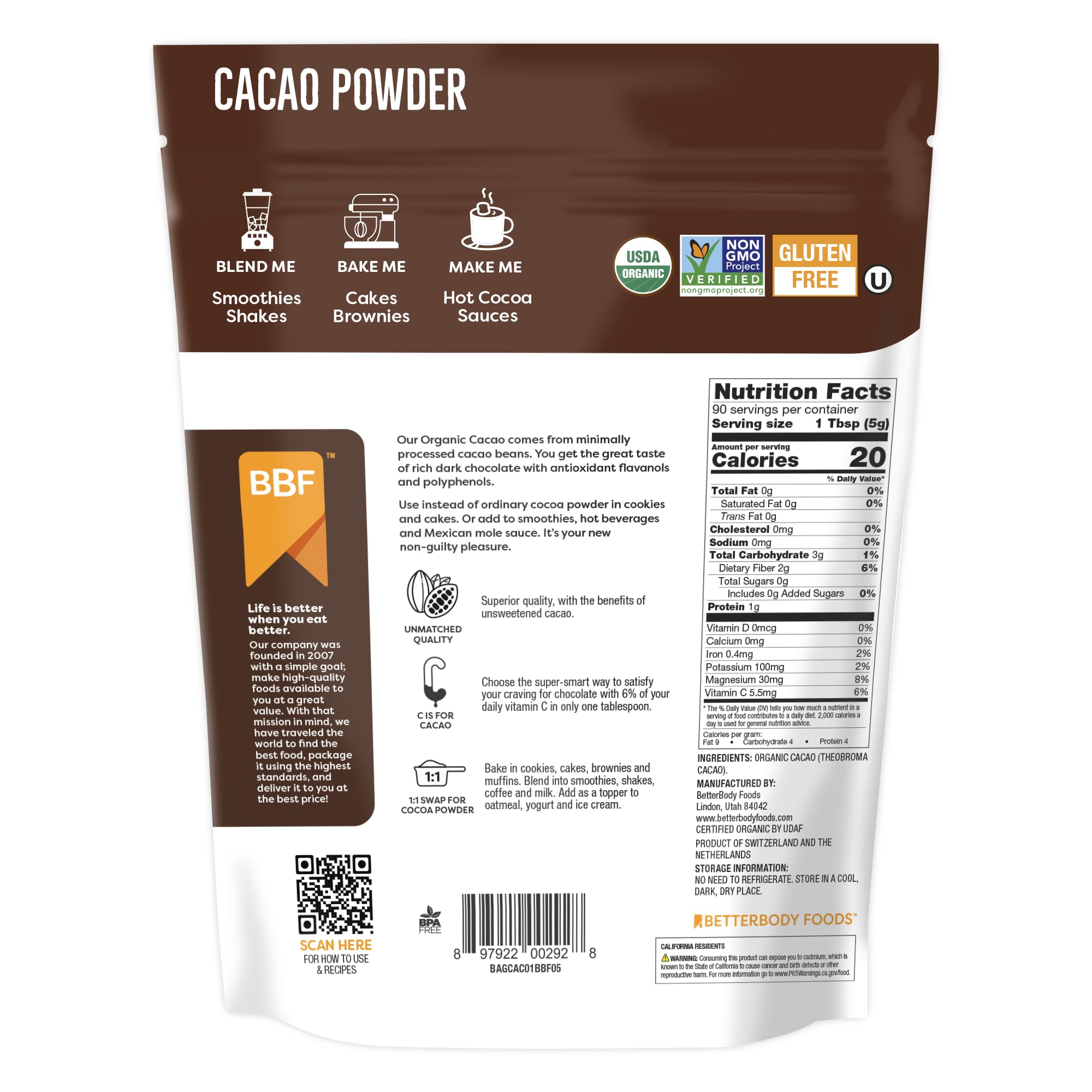 Smoothie with BetterBody Foods Organic Cacao Powder for a chocolate boost