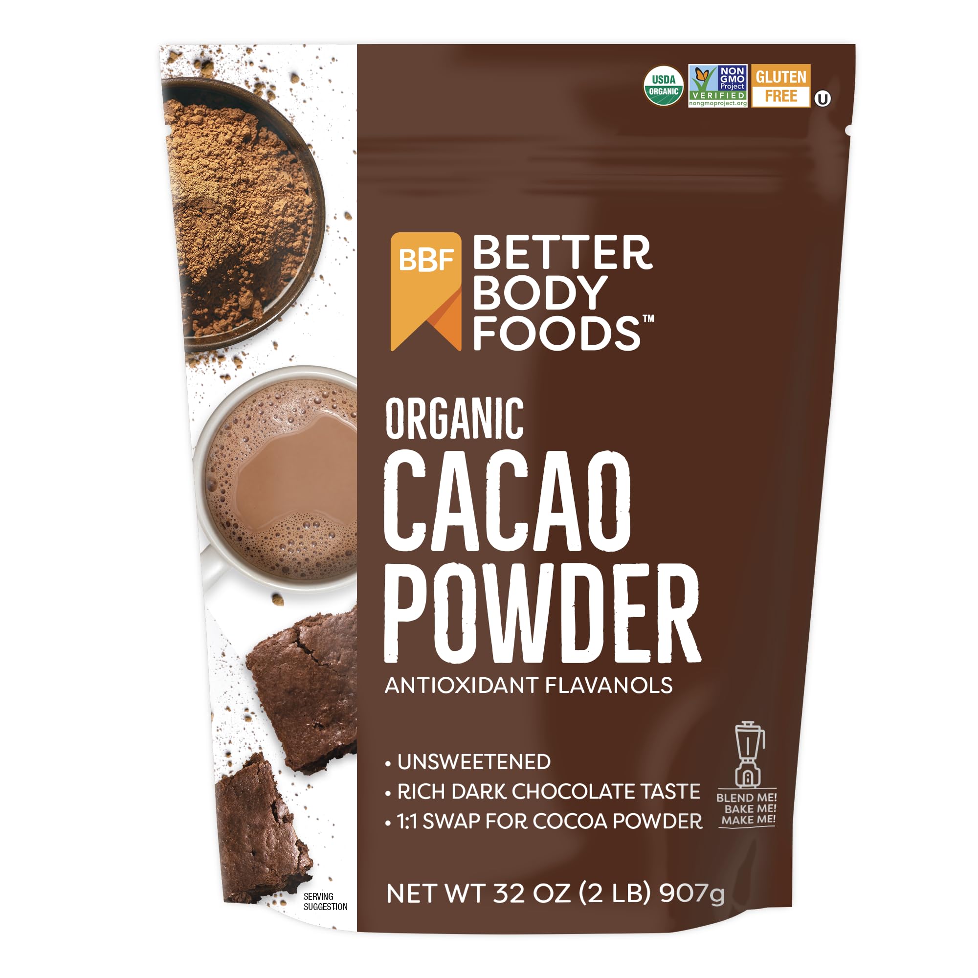 BetterBody Foods Organic Cacao Powder 32oz bag showcases rich unsweetened chocolate flavor for baking.