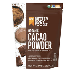 BetterBody Foods Organic Cacao Powder 32oz bag showcases rich unsweetened chocolate flavor for baking.
