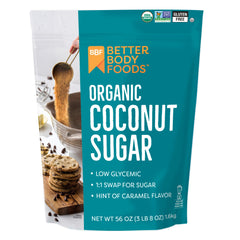BetterBody Foods Organic Coconut Sugar bottle with golden crystals for versatile use.