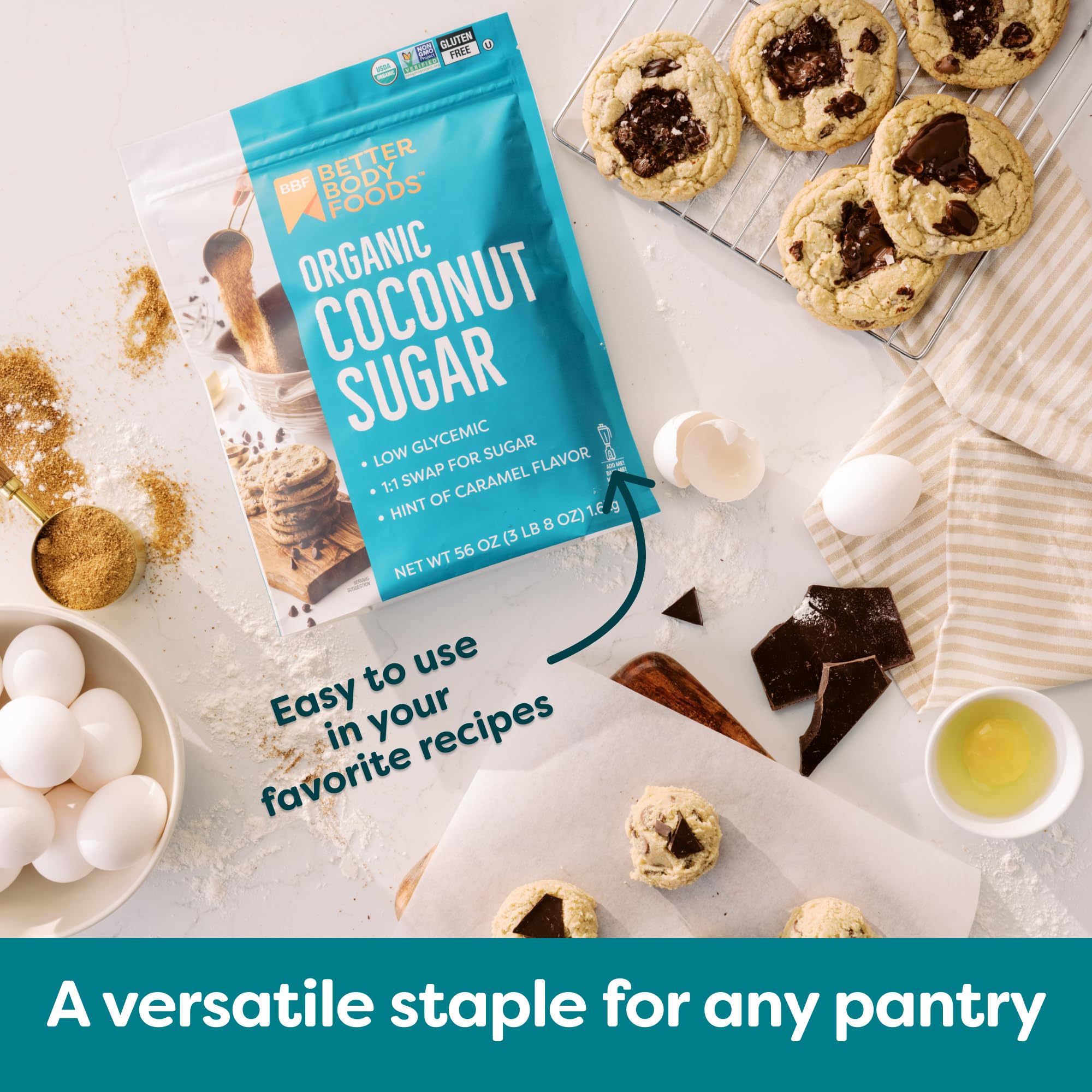 BetterBody Foods Organic Coconut Sugar sweetens coffee with a mild caramel note.